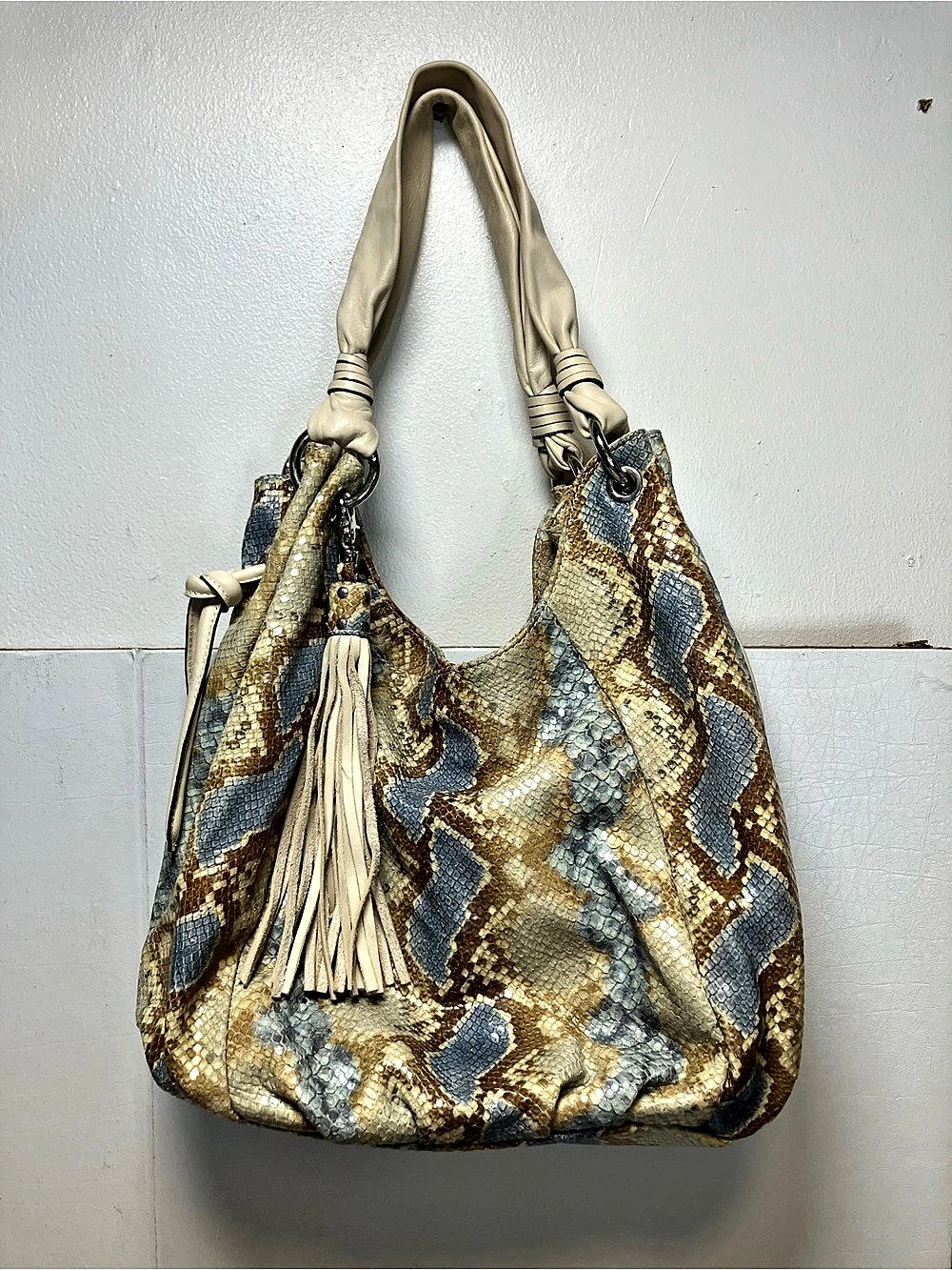 Cavalcanti Snake Print Hobo Shoulder Bag Blue
Cream Gold Tassel
